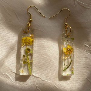 Handmade Yellow and Green UV Resin Rectangular Floral Earrings